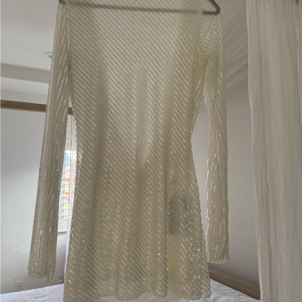 Meshki Ivory Beaded Backless Long-Sleeve Dress